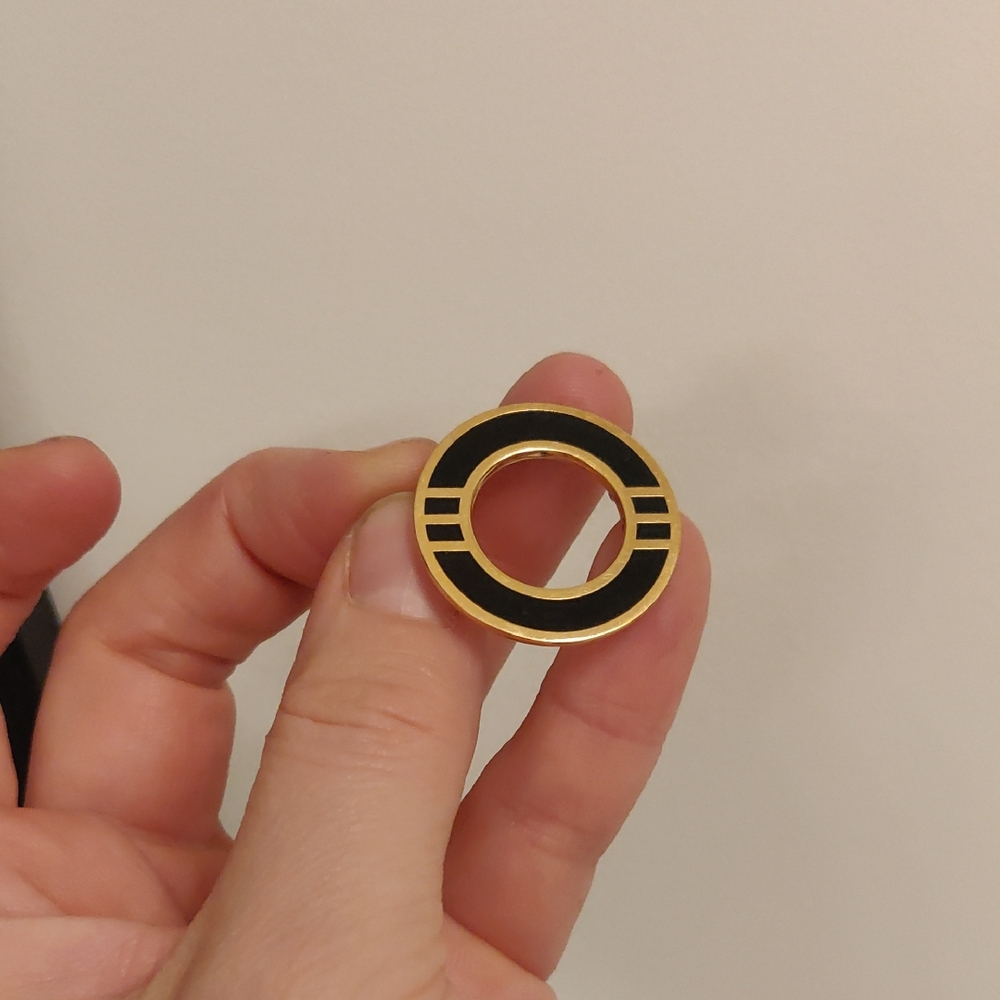 Vintage Monet Gold Tone Black Enamel Open Circle Art Deco Style Brooch Pin